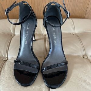 Stuart Weitzman Patent Black Ankle Strap Heels